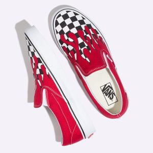 Vans Bayan Kaykay Ayakkabısı Checker Flame Slip-On Kırmızı Beyaz | 22992-285